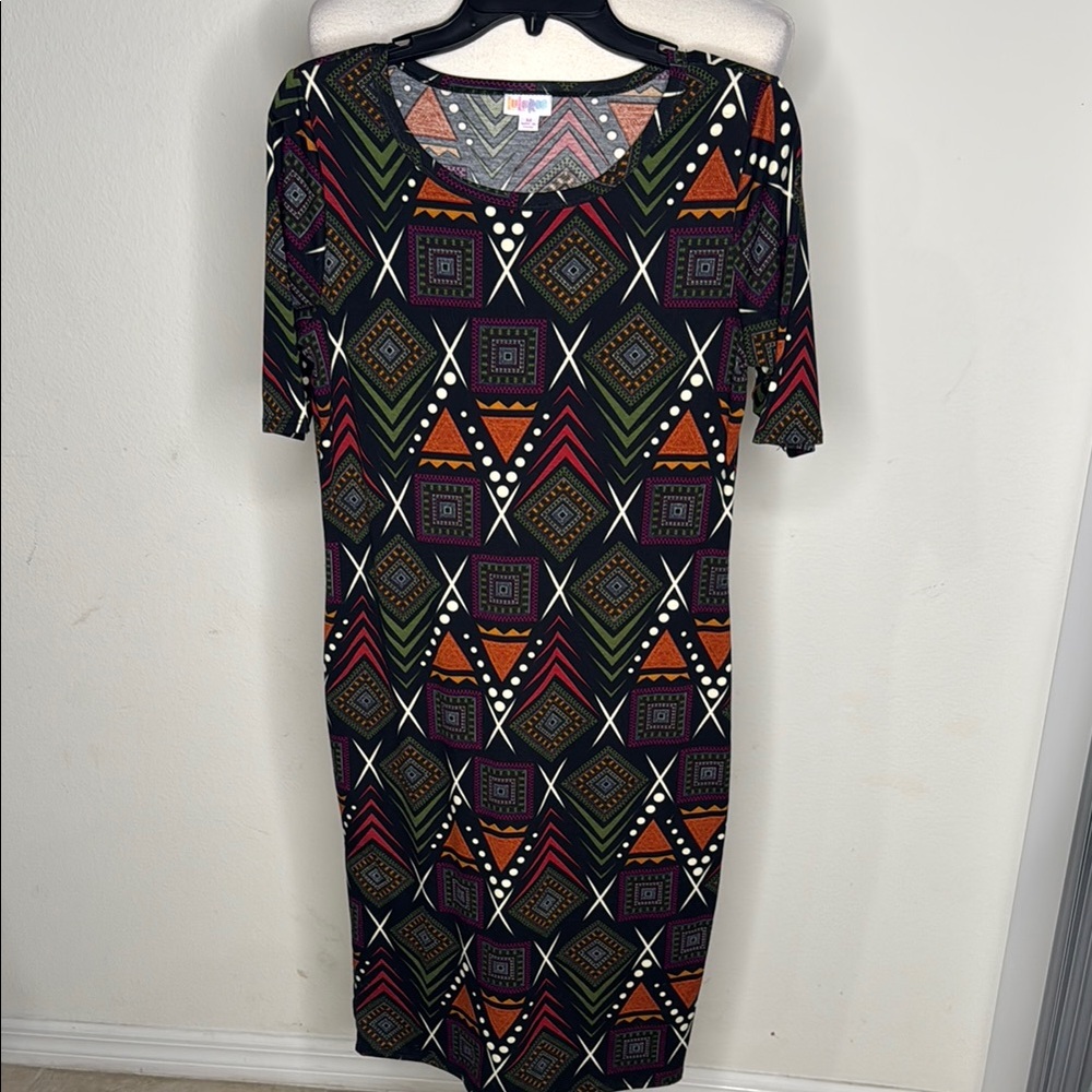 LuLaRoe Dress Black and Orange Geometric Midi Dress size medium PTP